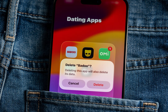 Delete Badoo dating app confirmation on smartphone screen. Toronto, Canada - July 24, 2026.