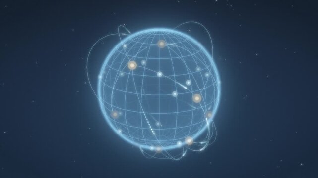Rotating wireframe globe with glowing global network connection arcs seamless loop in deep azure tones