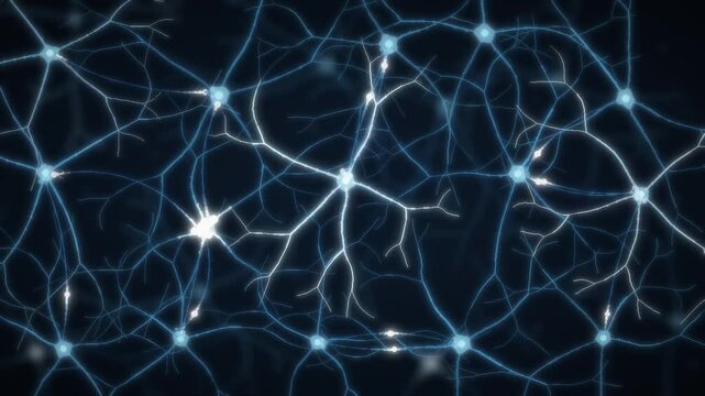 Neural Network of Firing Neurons with Glowing Synapses and Electrical Impulses Seamless Loop in deep cyan tones
