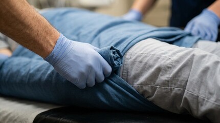 Fototapeta premium Precise Lifting Motion Captured As Two Aides Transfer a Patient onto a Stretcher - Hospital Patient Transport Stock Photo