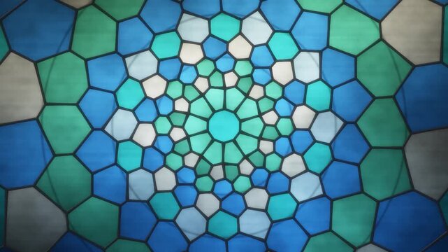 Stained Glass Rose Window Cathedral Jewel Light Seamless Loop in cool azure tones