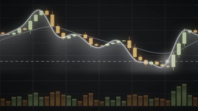 Financial candlestick stock market chart with rising trend line and volume bars seamless loop in calm slate tones