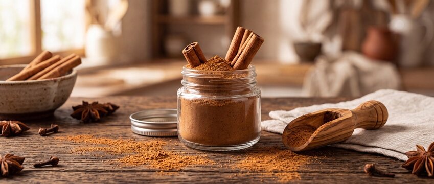 Cinnamon powder in a glass jar. Aromatic spice sticks on a rustic wooden kitchen table.