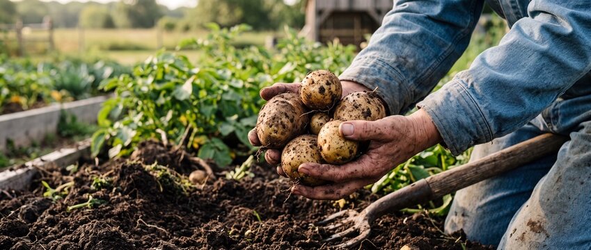 Farmer holding fresh potatoes in garden. Organic vegetable harvest in fertile soil.
