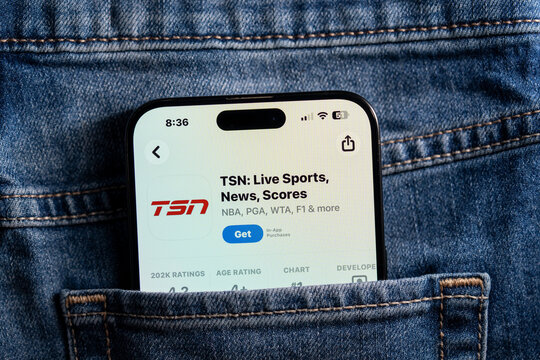 Close up of TSN app on smartphone screen. Toronto, Canada - July 24, 2026.