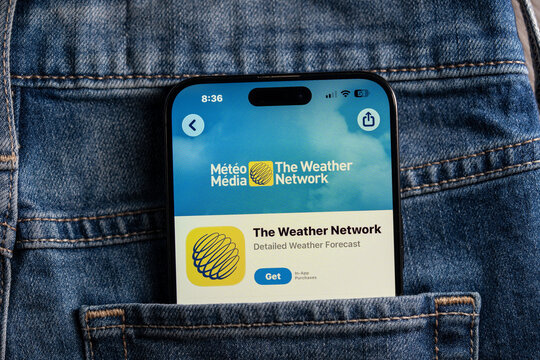 Close up of The Weather Network app on smartphone. Toronto, Canada - July 24, 2026.