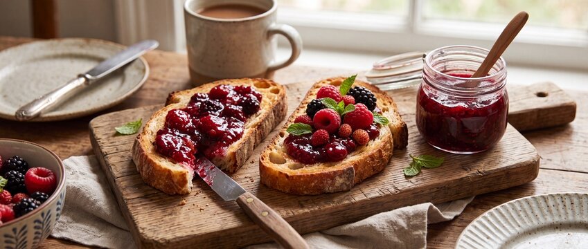 Fresh toast with berry jam for breakfast. Sourdough bread slices topped with forest fruits.