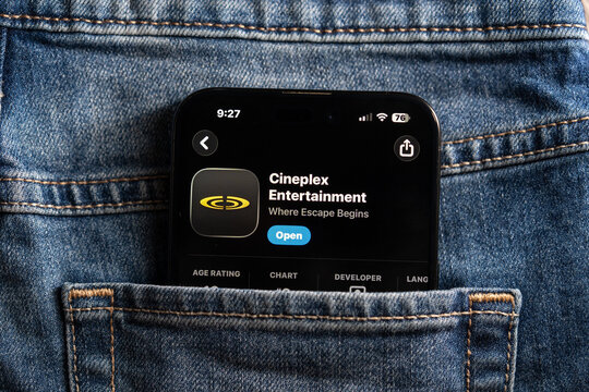 Close up of Cineplex Entertainment app on smartphone screen. Toronto, Canada - July 24, 2026.