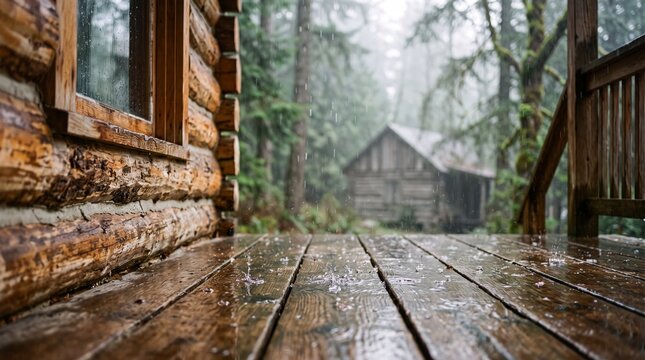 Rain falling on a wooden cabin deck. Stormy weather at a rustic forest lodge retreat.