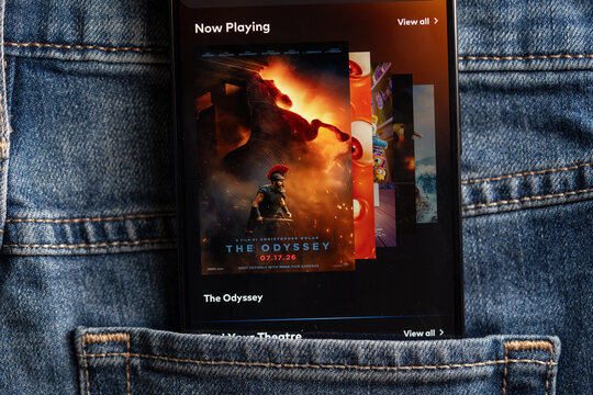 Close up of The Odyssey movie poster on smartphone. Toronto, Canada - July 24, 2026.