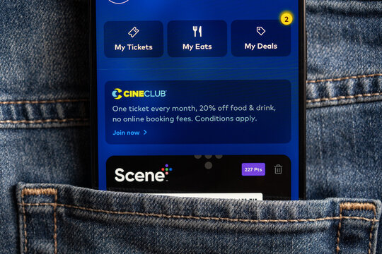 Close up of CineClub and Scene rewards on smartphone. Toronto, Canada - July 24, 2026.