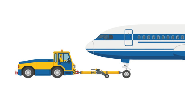 Yellow airport pushback tractor towing a blue passenger airplane vector illustration. EPS Editable. Vector Illustrations.