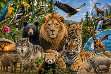 Obraz premium Global Wildlife Biodiversity with Wild Animals from Different Habitats