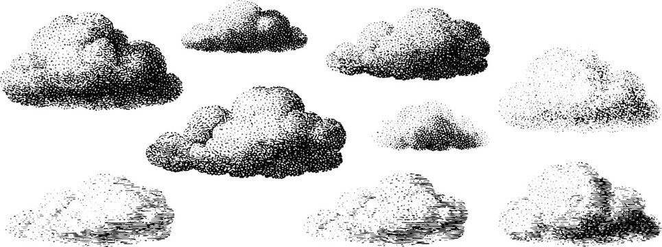 Assorted cloud sketches grouped as dotted forms on white background