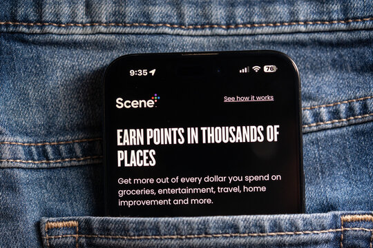 Scene rewards points promotion displayed on smartphone screen. Toronto, Canada - July 24, 2026.