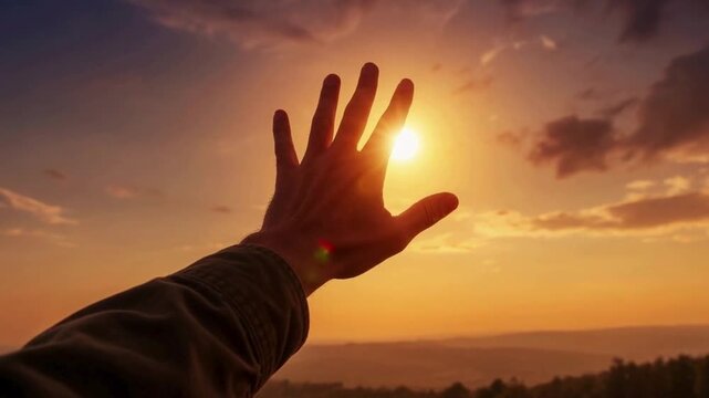 A hand reaching out to touch the setting sun, creating a silhouette against the vibrant orange and yellow sky.