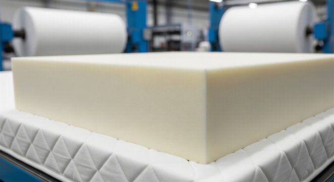 Polyurethane foam block on mattress assembly line, industrial foam manufacturing process, factory production of bedding materials