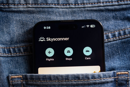 Close up of Skyscanner travel app on smartphone screen. Toronto, Canada - July 24, 2026.