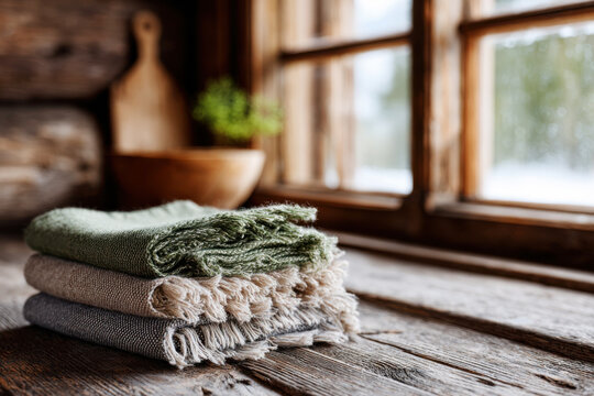 Stack of folded green and beige linen napkins with fringe on a wooden table by a snowy winter window