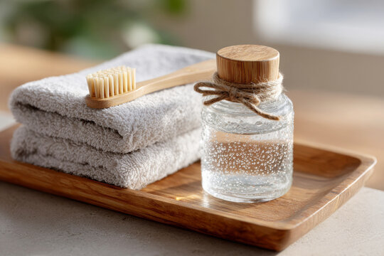 Bamboo toothbrush and glass jar with wooden lid on a wooden tray next to a folded towel in a bathroom setting