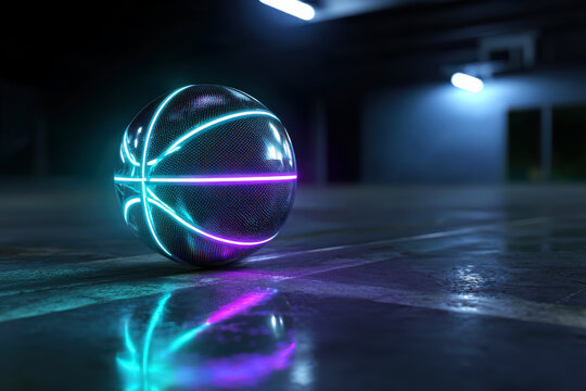 Dark futuristic basketball with glowing cyan and pink neon seams on a reflective indoor court floor at night
