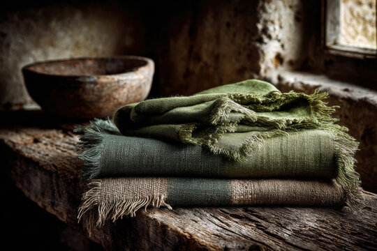 Green linen napkins with frayed edges on dark wooden table in rustic interior setting