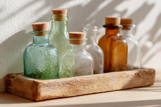 Colorful glass bottles with cork lids in green amber and clear tones arranged in rustic wooden tray on shelf