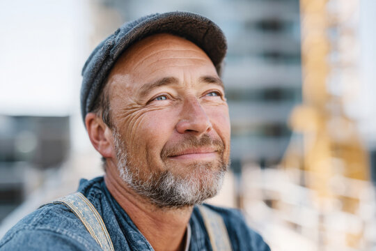 Proud senior construction worker in flat cap and denim overalls looking up at an urban building site