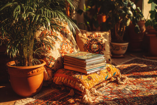 Boho floor cushion with a stack of magazines beside a terracotta potted palm plant in warm golden light