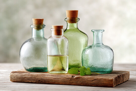 Four green and teal recycled glass bottles with cork stoppers and fresh herb leaf on a driftwood board