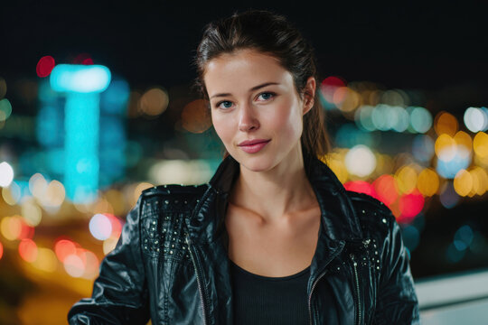 Young woman in black studded leather jacket smiling softly against colorful bokeh city lights at night