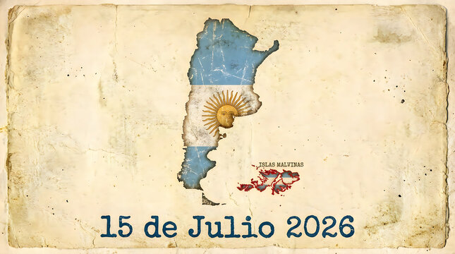 A vintage style map of Argentina featuring the national flag and the Falkland Islands labeled as Islas Malvinas with the date 15 de Julio 2026 printed at the bottom