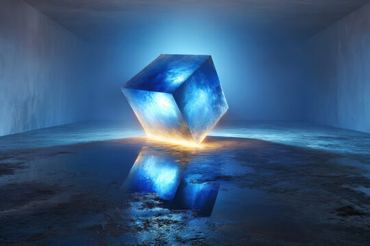 Glowing blue glass cube tilted on reflective wet concrete floor with golden light base in dark room