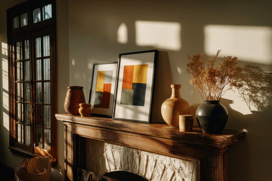Two framed abstract geometric prints leaning on wooden fireplace mantel with ceramic vases and dried flowers in warm sunlight