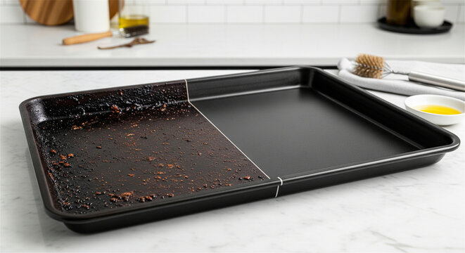 Dirty and clean baking sheet comparison, greasy metal oven tray before and after cleaning, kitchen counter background