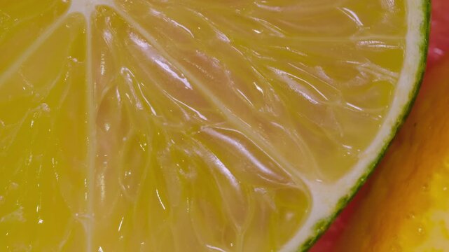 Top view: colorful fresh citrus fruit slices - orange, grapefruit, lemon and lime on slow rotating surface - close up, macro. Natural, summer, tropical, exotic and healthy food concept