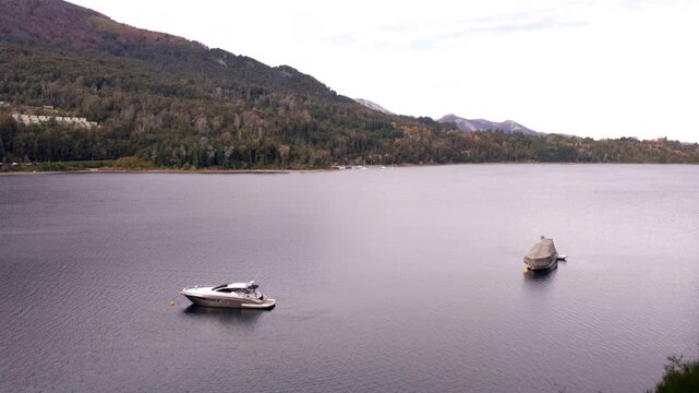 Boats Anchored in Bahia Manzano Lake View in Villa La Angostura Argentina