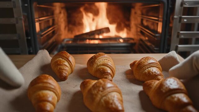 職人の両手が焼きたてクロワッサンの天板を支えオーブンの橙色の光が黄金色の層と熱気を鮮やかに照らす場面