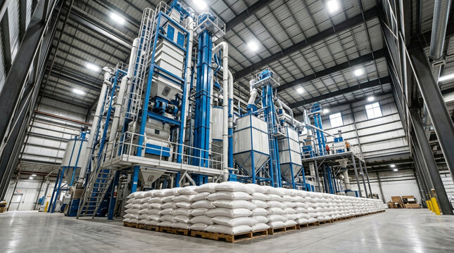 Industrial warehouse interior with blue grain processing machinery, conveyors, silos, and stacked white bags on wooden pallets in a large facility with metal structure and bright lighting.