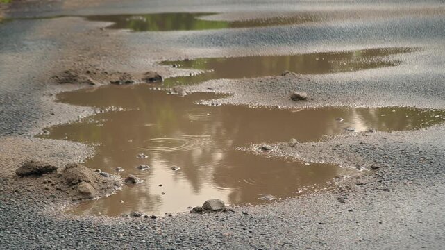 雨上がりの荒れた道路に濁った泥水の水たまりが点在し濡れた舗装と小石が曇天の光を静かに映す風景が広がる