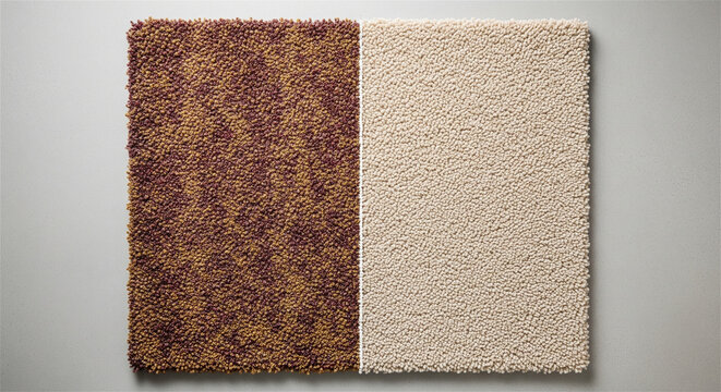 Two-tone carpet texture samples, brown and beige shag rug fabric swatches, interior design flooring materials