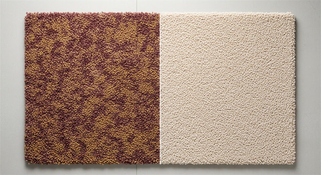 Two-tone carpet samples showing textured pile, brown patterned rug and beige floor covering, interior design materials