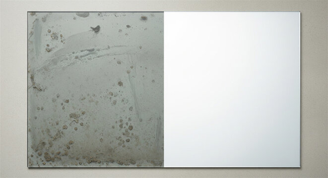 Antique mirror glass texture comparison, vintage distressed silver mirror and clean new mirror surface, split screen background