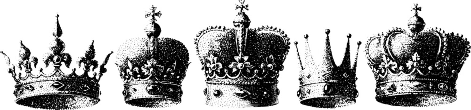 Various royal crowns displayed in vintage engraving strip layout