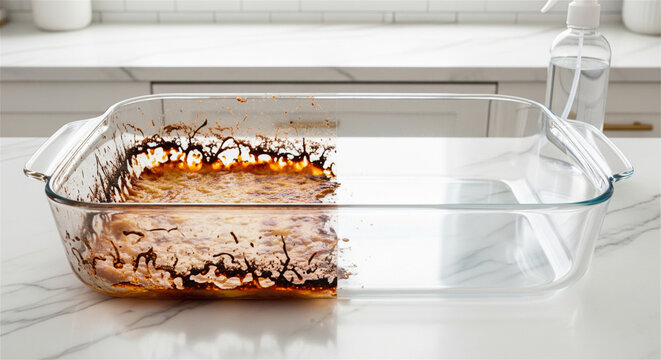 Dirty and clean glass baking dish, before and after cleaning demonstration, burnt food grease on glass casserole pan