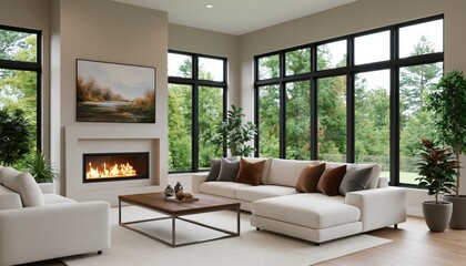 Obraz premium Living room interior with modern design featuring a cozy sofa and home fireplace