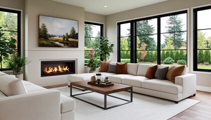 Obraz premium Interior design of a modern luxury living room with a cozy fireplace and sectional