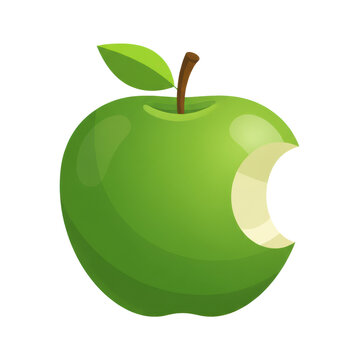 Vibrant green apple with a large bite mark, sturdy stem and single leaf against a transparent background, minimalist flat vector illustration, healthy snack concept