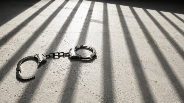 Handcuffs on wooden table top with shadow lines. Metal restraints for law enforcement security and legal use in courtroom or police station setting.