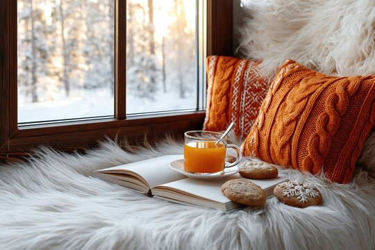 Winter cozy scene with a hot tea book and cookies by a window overlooking snow